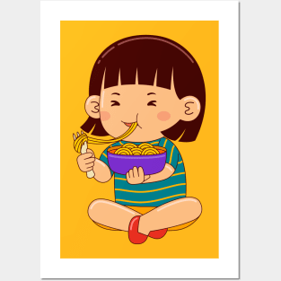 girl kids eating noodle Posters and Art